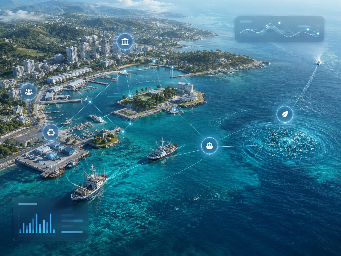 Aerial view of a coastal town with municipality, community, recovery and ecosystem nodes connected by a network