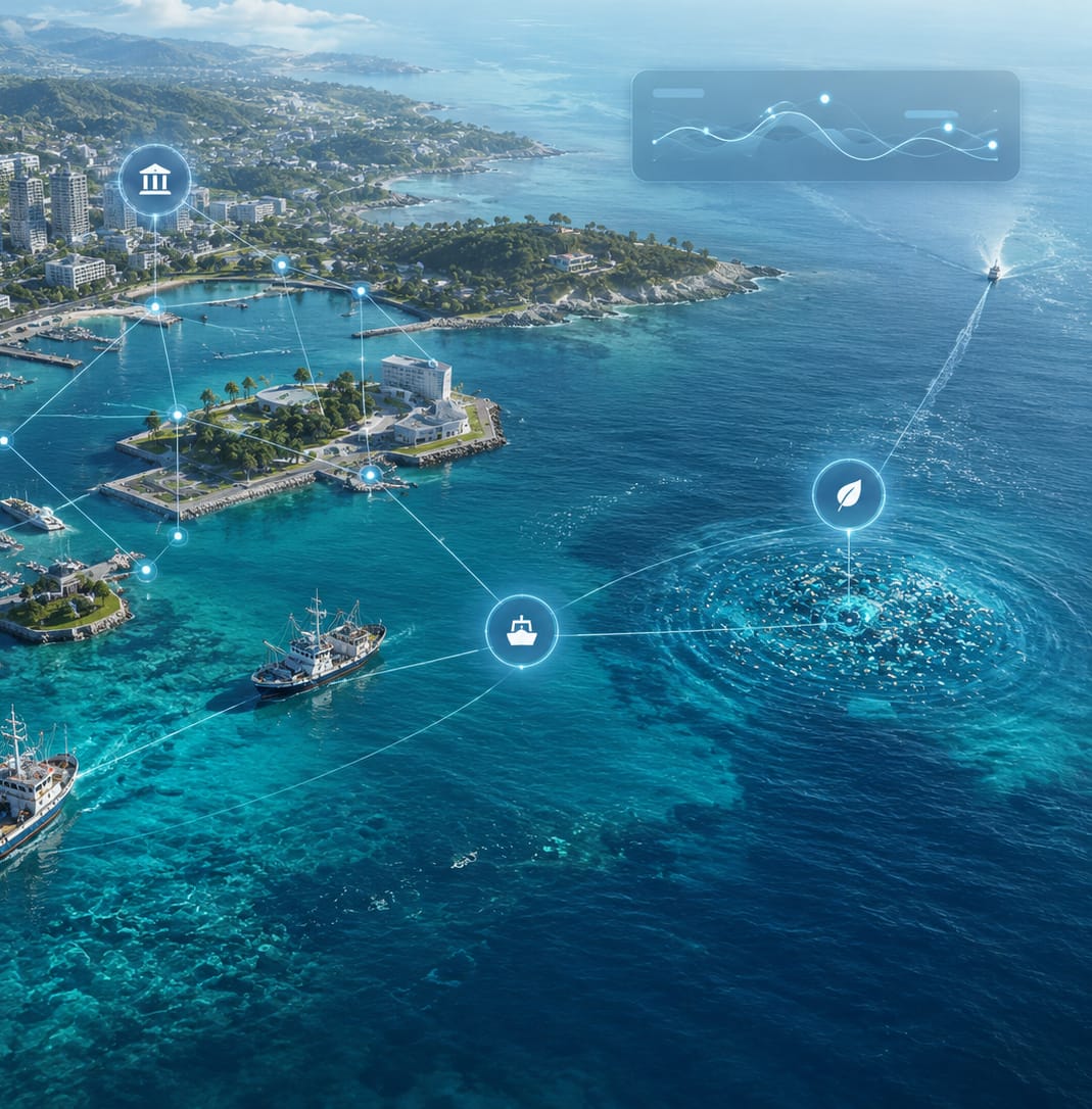 Aerial view of a coastal marina with municipality, vessel and environment nodes linked across the water to a marine litter accumulation zone