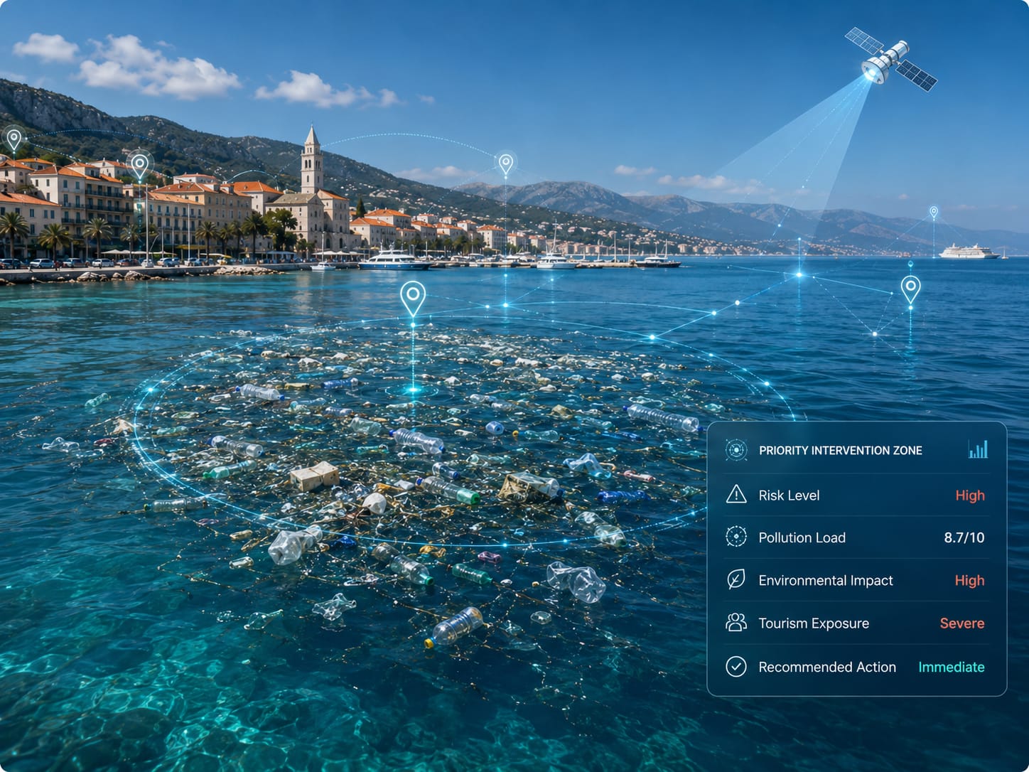 Coastal town with floating marine litter monitored by satellite intelligence