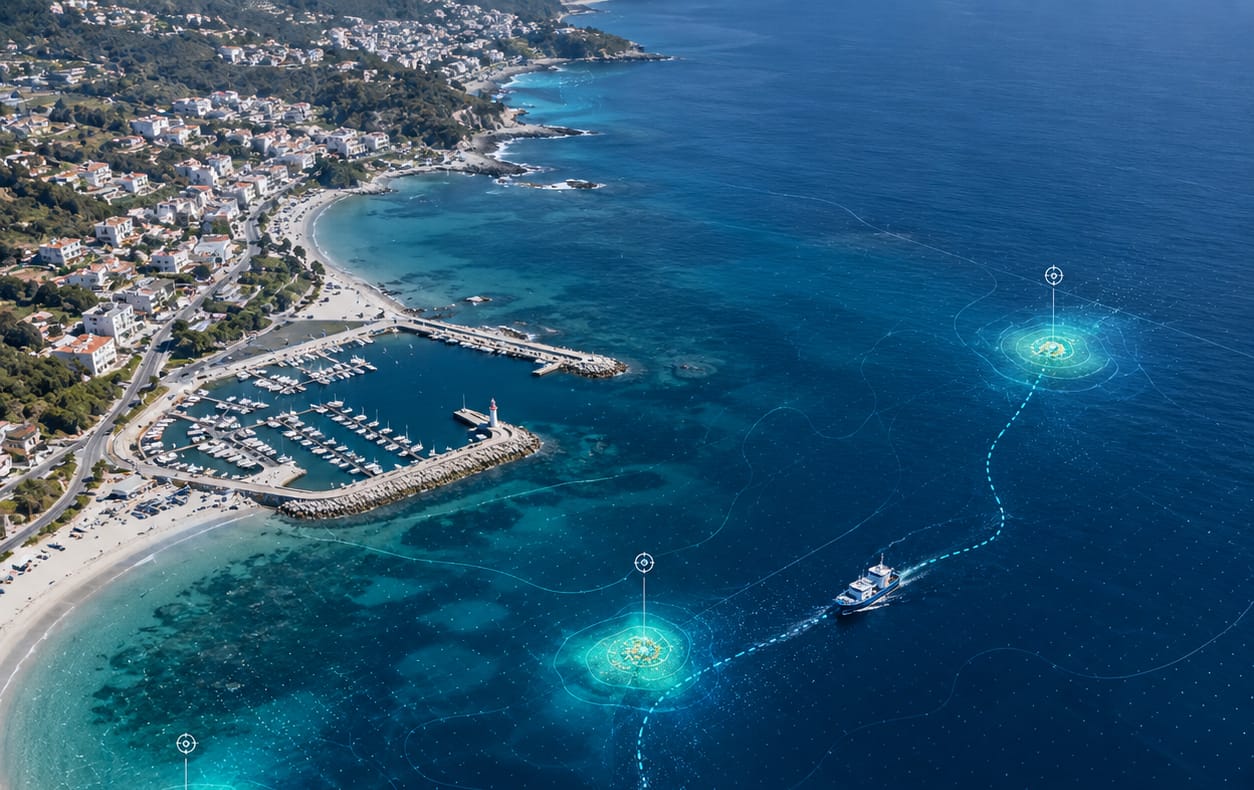 Aerial coastline with a network grid over the sea