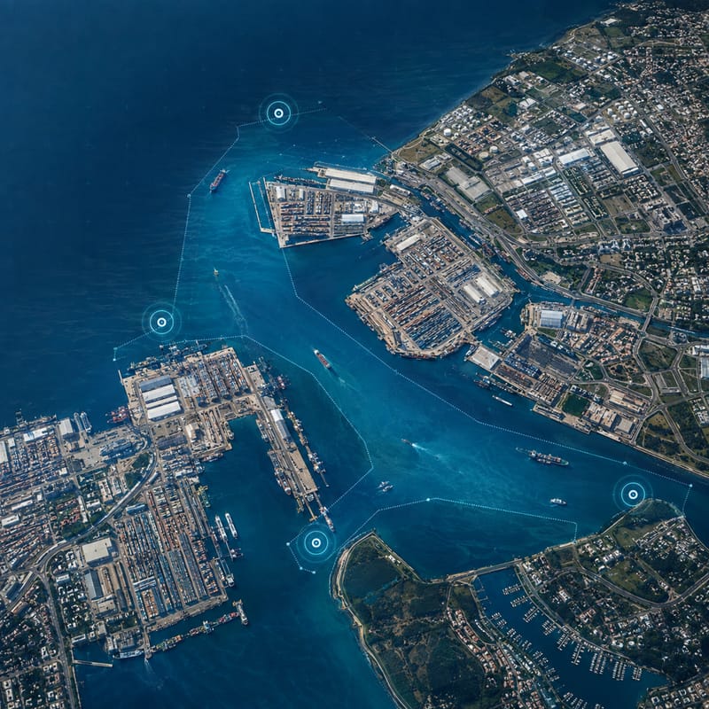 Aerial view of a commercial port with survey markers over the water