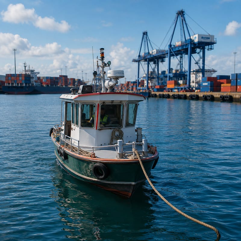 Small work boat moored in a container port