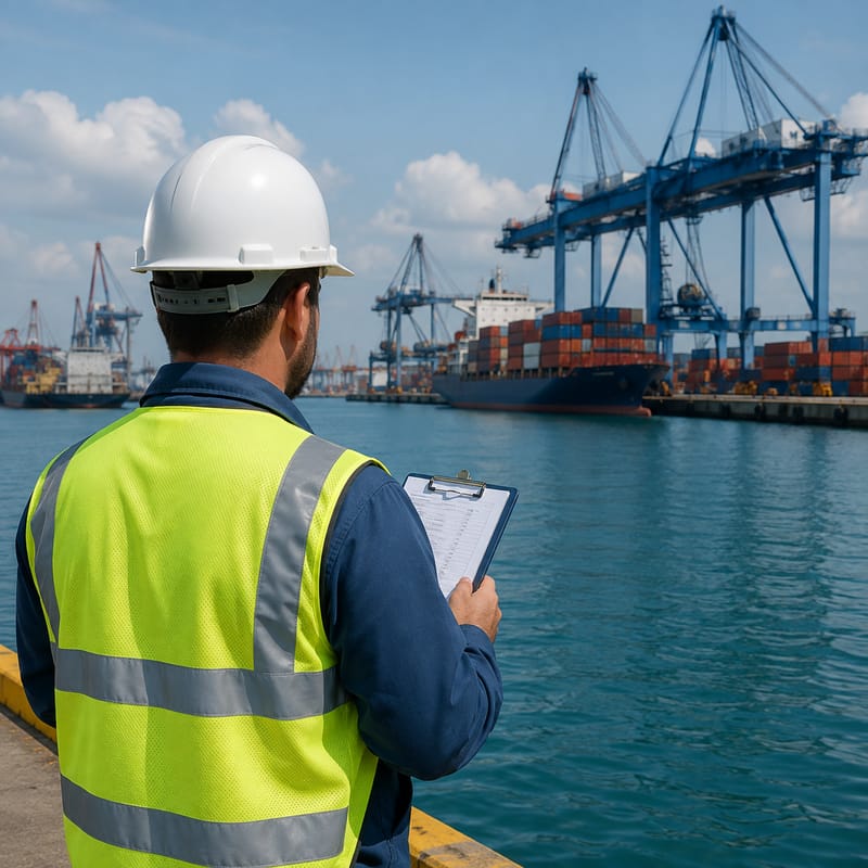 Port inspector with a clipboard on the quay in front of container cranes