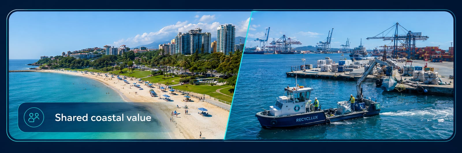 Split image of a sunlit urban beach labelled Shared coastal value and a Recycllux recovery vessel unloading recovered material at a port