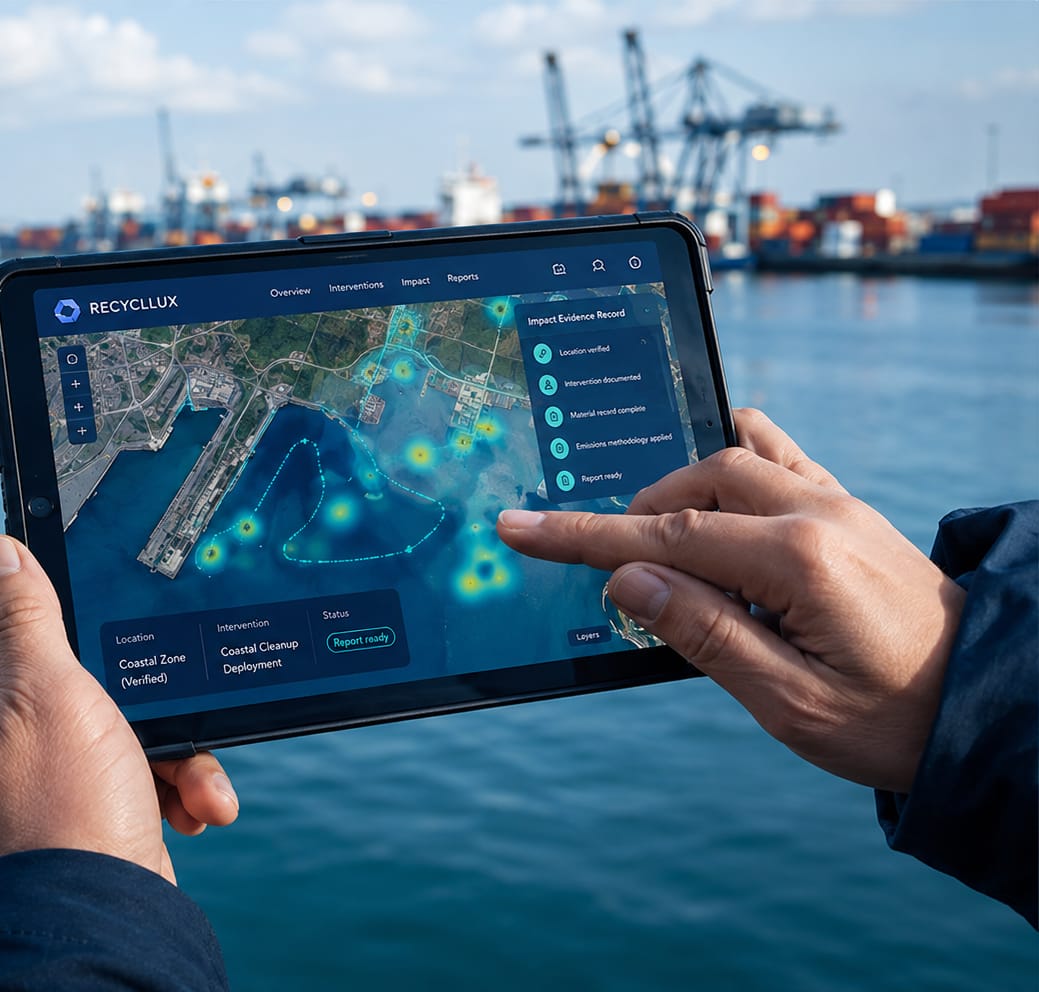 Hands holding a tablet that shows a coastal priority heat map, with a container port behind