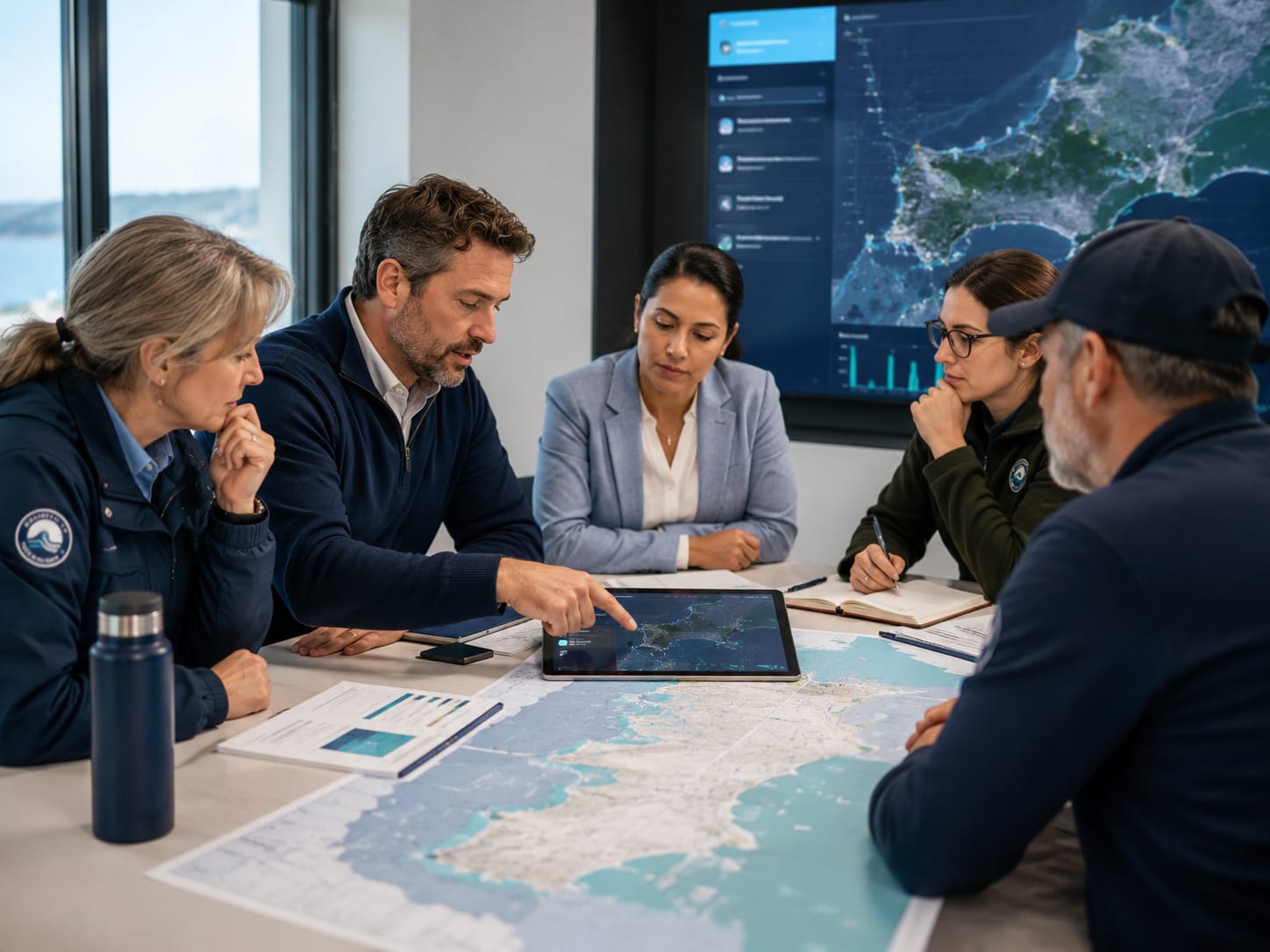 Municipal and coastal stakeholders around a table reviewing a coastal map and a tablet dashboard