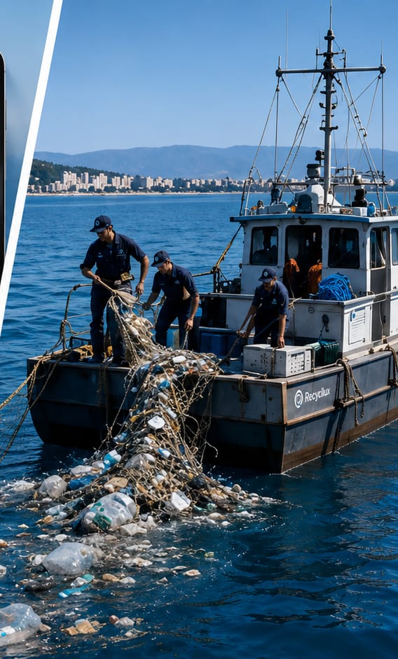 Fishing crew hauling a net of recovered plastic aboard a Recycllux vessel