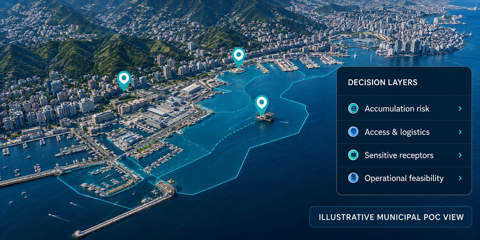 Aerial view of Genoa's coast with a mapped priority zone and a decision layers panel listing accumulation risk, access and logistics, sensitive receptors, operational feasibility; labelled illustrative municipal PoC view