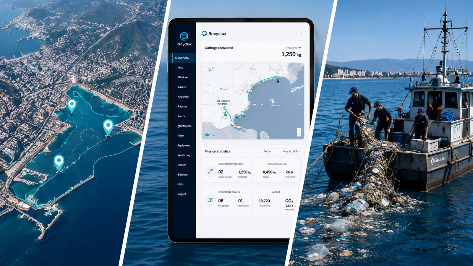 Triptych: aerial coastal city with mapped priority zones, a Recycllux operations dashboard on a tablet, and a fishing crew hauling recovered plastic aboard a vessel