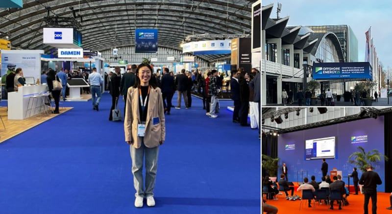 Photo collage from Offshore Energy 2025 showing a Recycllux team member in the exhibition hall, the venue and a stage