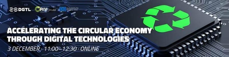 Event banner reading Accelerating the Circular Economy through Digital Technologies, 3 December, online, with a recycling chip graphic