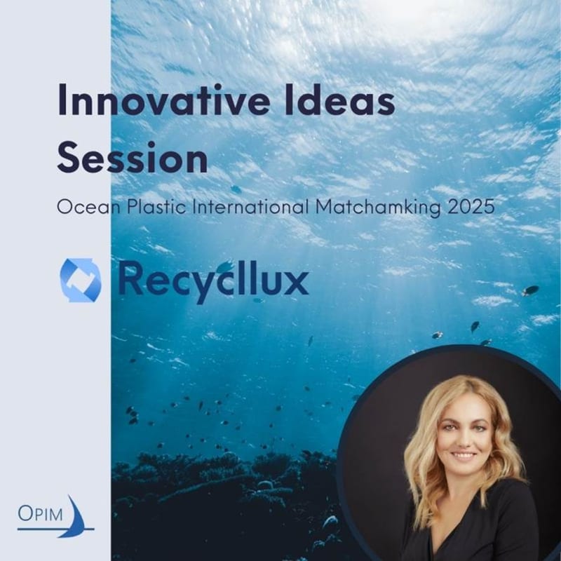 Innovative Ideas Session card for OPIM 2025 with the Recycllux logo, a speaker portrait and underwater background