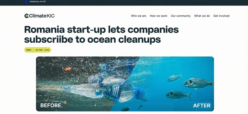 Climate-KIC news page headlined Romania start-up lets companies subscribe to ocean cleanups, with a before and after ocean image