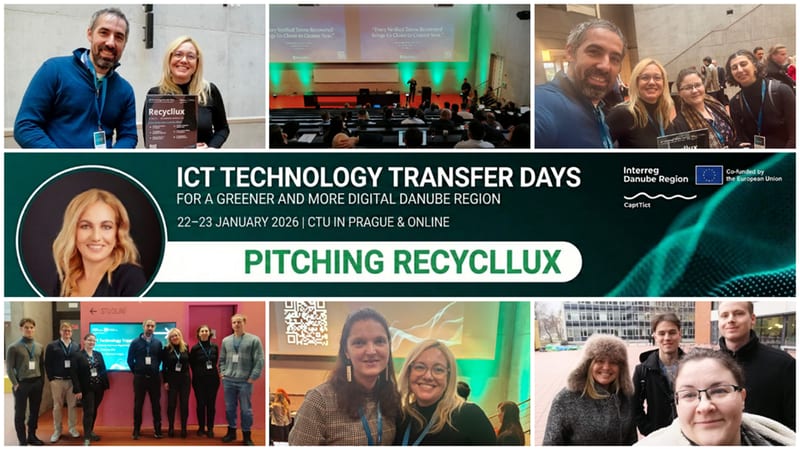 Collage from ICT Technology Transfer Days in Prague with a Pitching Recycllux banner, conference hall and attendee group photos