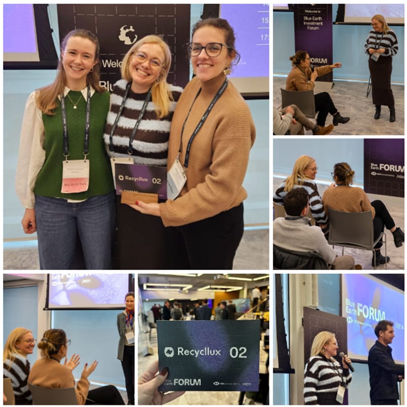 Collage from the Blue Earth Investment Forum in London with attendees holding a Recycllux 02 card and pitch sessions