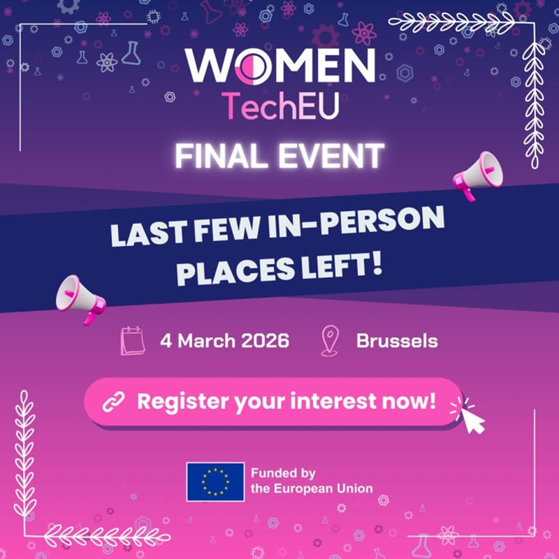 Women TechEU Final Event promotional card for 4 March 2026 in Brussels reading Last few in-person places left