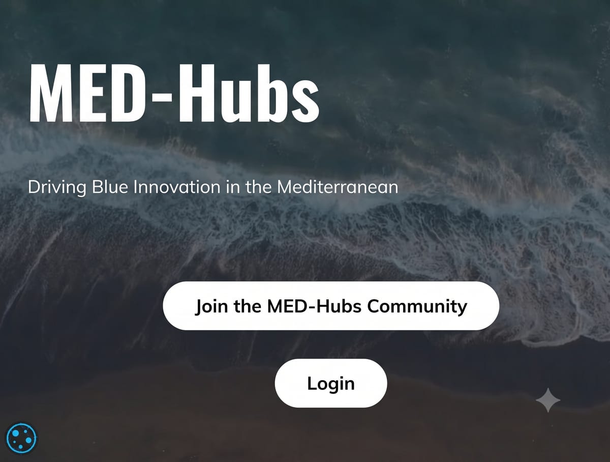 MED-Hubs web page reading Driving Blue Innovation in the Mediterranean over an aerial view of waves