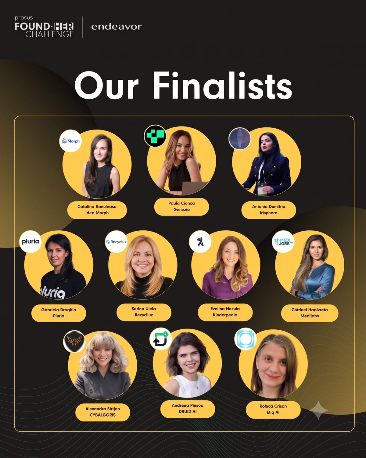 Prosus Found-HER Challenge and Endeavor graphic titled Our Finalists showing ten founders, including Sorina Uleia of Recycllux