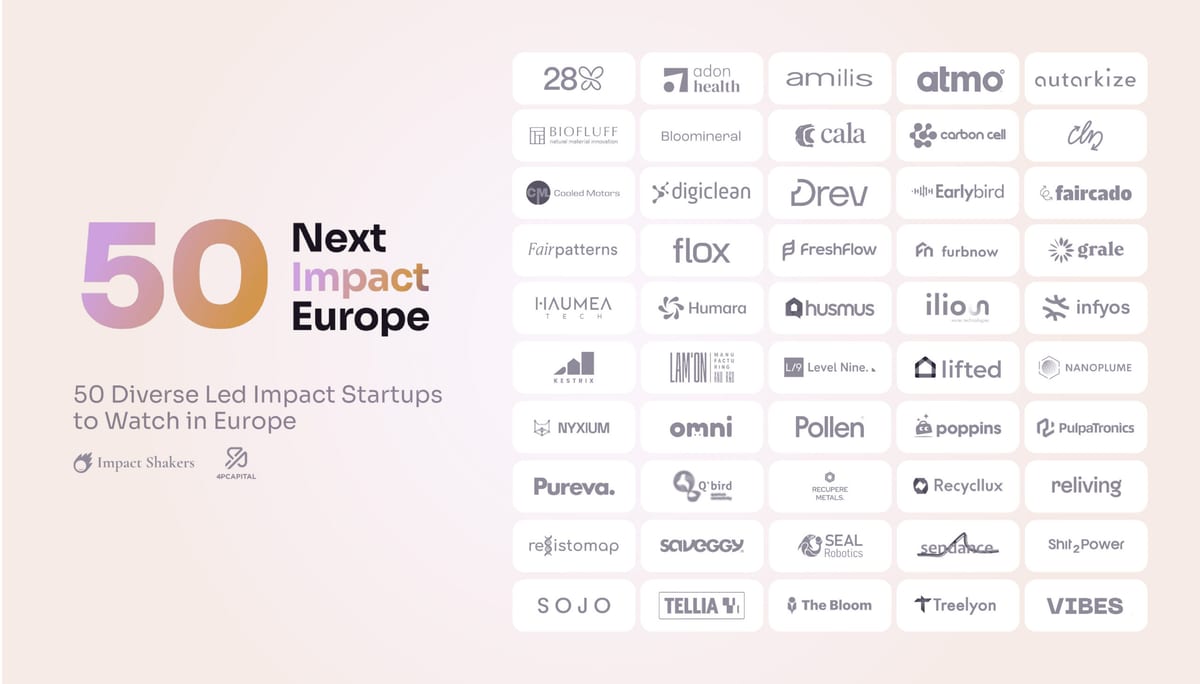 Graphic reading 50 Next Impact Europe, 50 Diverse Led Impact Startups to Watch in Europe, with a grid of startup logos including Recycllux